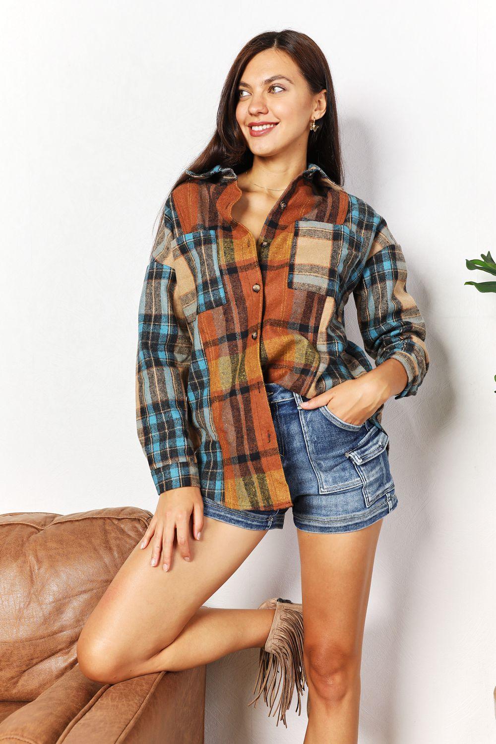 Double Take Plaid Curved Hem Shirt Jacket with Breast Pockets - AMIClubwear