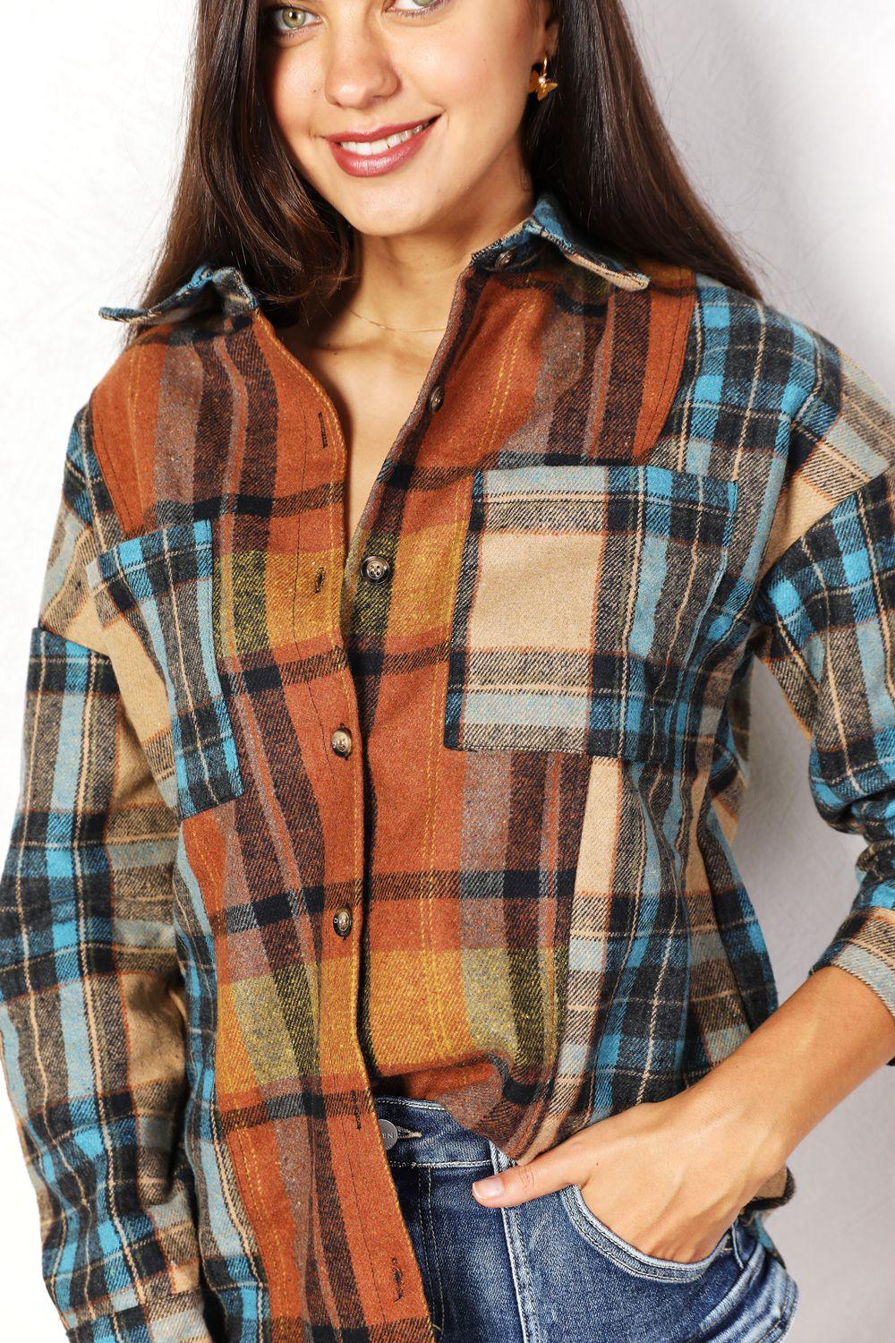 Double Take Plaid Curved Hem Shirt Jacket with Breast Pockets - AMIClubwear