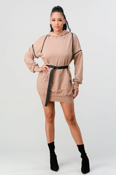 Double Zipper Long Sleeve Hooded Mini Dress - AMIClubwear