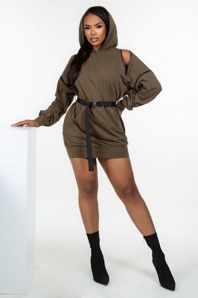 Double Zipper Long Sleeve Hooded Mini Dress - AMIClubwear