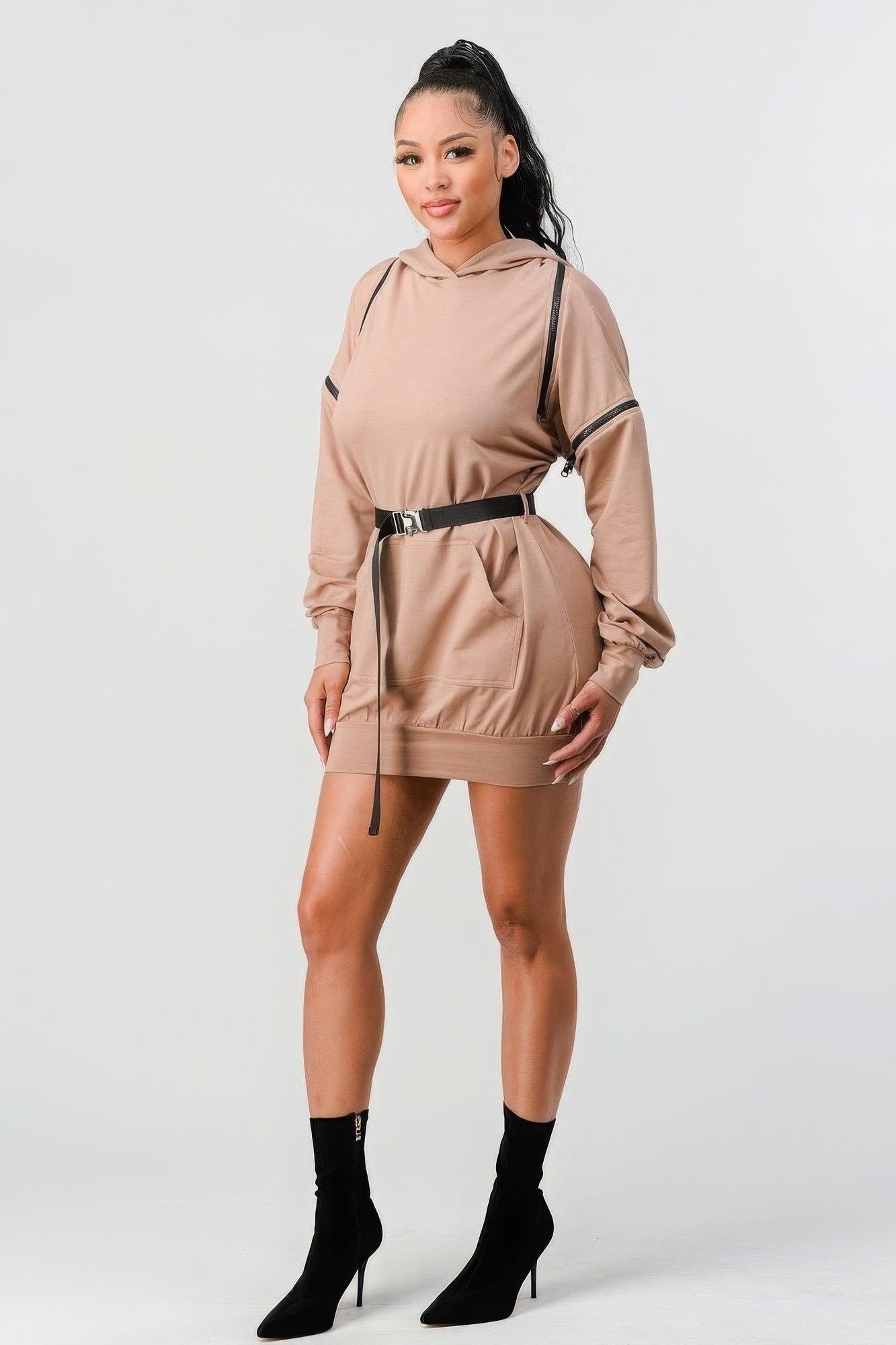 Double Zipper Long Sleeve Hooded Mini Dress - AMIClubwear