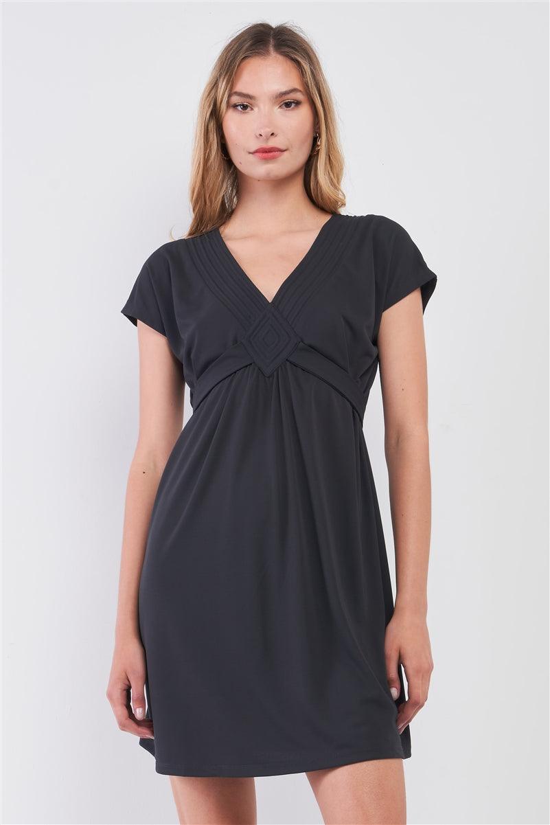 Dusty-navy V-neck Short Sleeve Front Rhombus Detail Back Tie Mini Dress - AMIClubwear