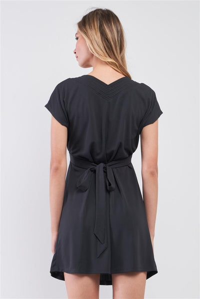 Dusty-navy V-neck Short Sleeve Front Rhombus Detail Back Tie Mini Dress - AMIClubwear