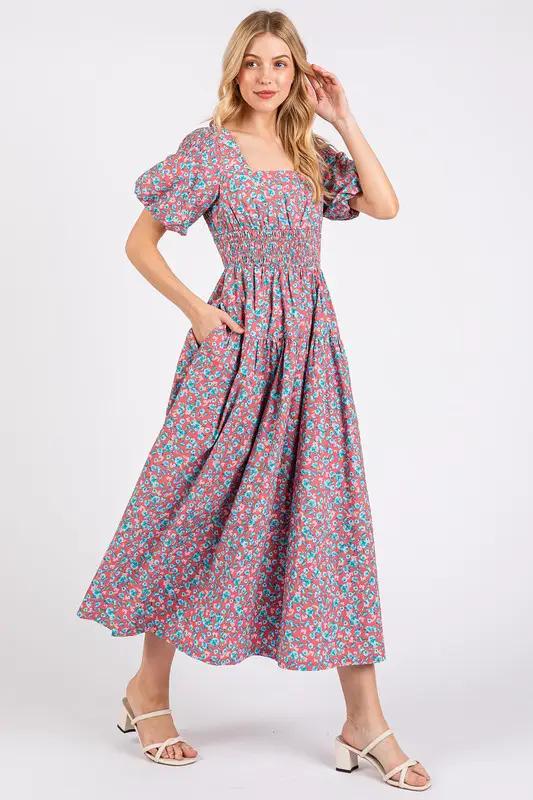 Mittoshop Smocked Floral Square Neck Puff Sleeve Midi Dress