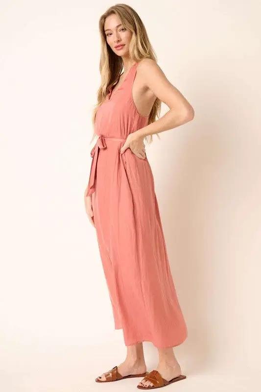 Mittoshop Cross Back Belted V Neck Tank Maxi Dress