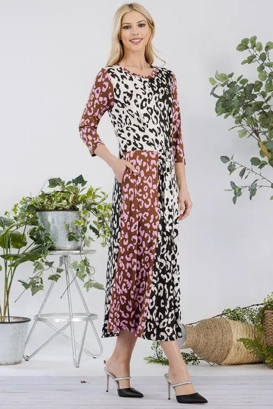 Celeste Full Size Leopard Color Block Front Tie Midi Dress Plus Size