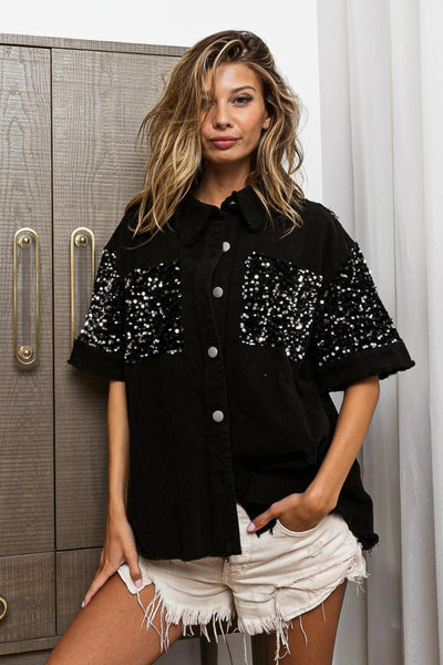 BiBi Sequin Detail Raw Hem Short Sleeve Shirt - AMIClubwear