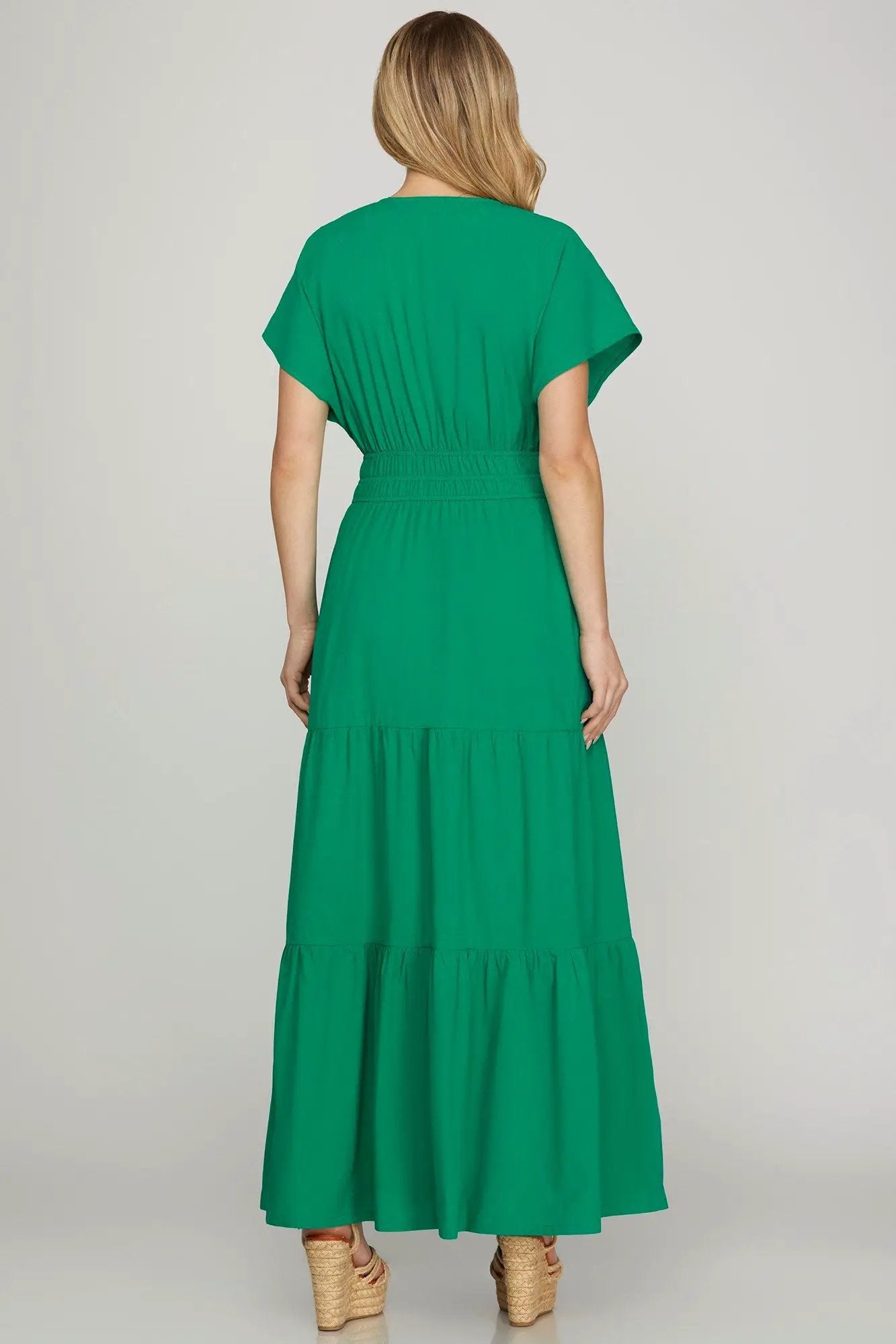 She + Sky Surplice Short Sleeve Tiered Maxi Dress With Pockets