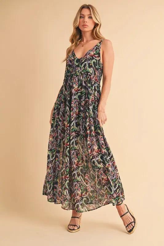 Aemi + Co Printed V-Neck Frill Tiered Cami Dress