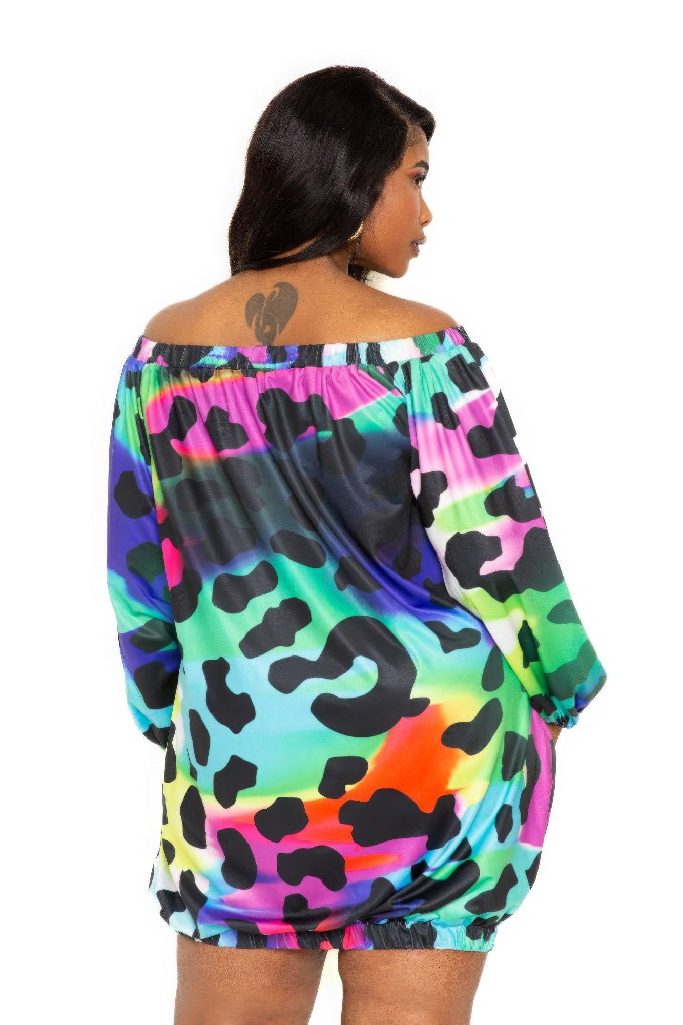 Electric leopard off shoulder bubble mini dress - AMIClubwear