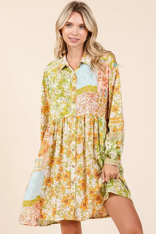Mittoshop Floral Button Detail Long Sleeve Shirt Dress