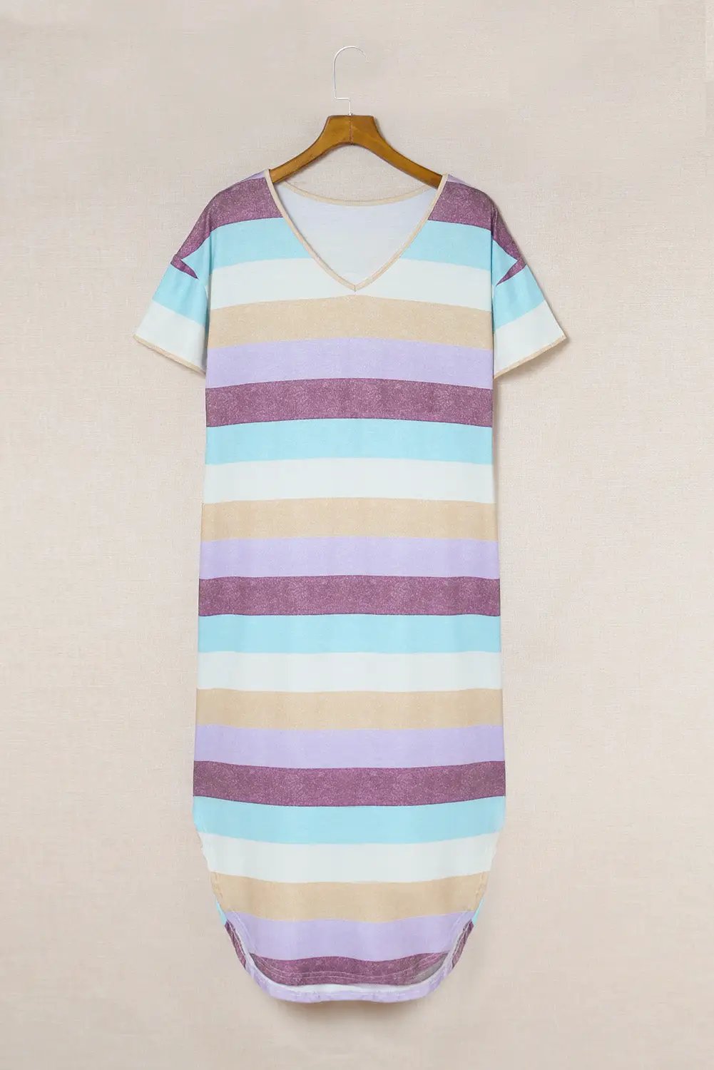 Striped V-Neck Curved Hem Midi Dress