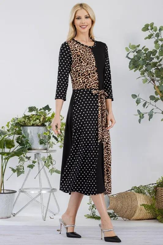 Celeste Full Size Multi Pattern Front Tie Midi Dress Plus Size
