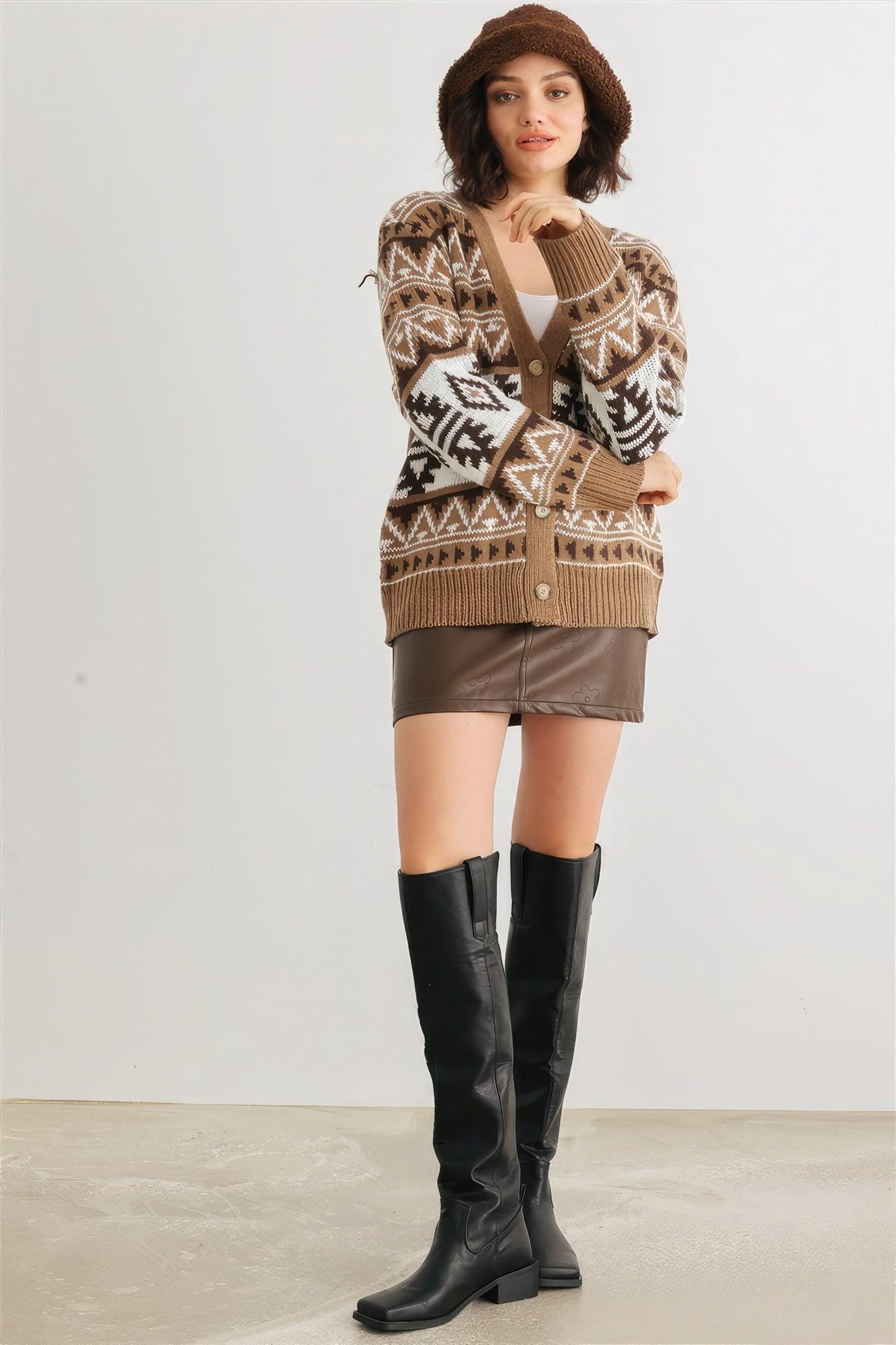 Fair Isle Knit Button-up Long Sleeve Cardigan Sweater - AMIClubwear