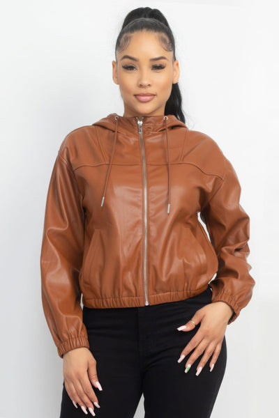 Faux Leather Hoodie Jacket - AMIClubwear