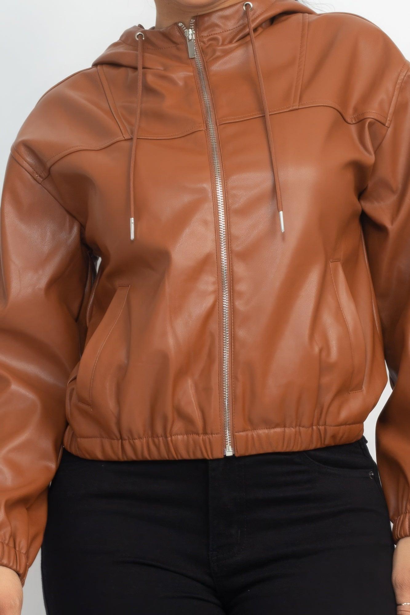 Faux Leather Hoodie Jacket - AMIClubwear