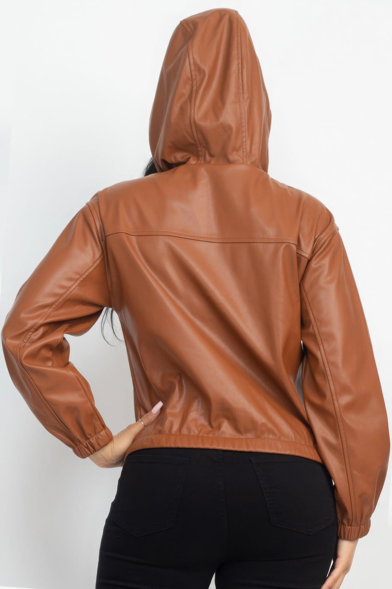 Faux Leather Hoodie Jacket - AMIClubwear