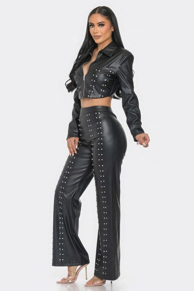 Faux Leather Set With Rhinestone Detail - AMIClubwear