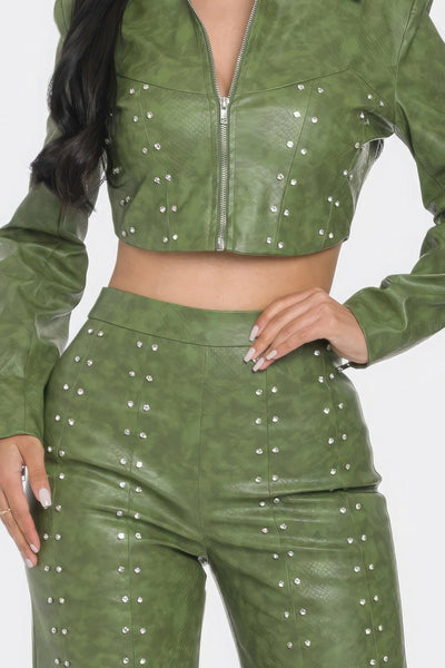 Faux Leather Set With Rhinestone Detail - AMIClubwear