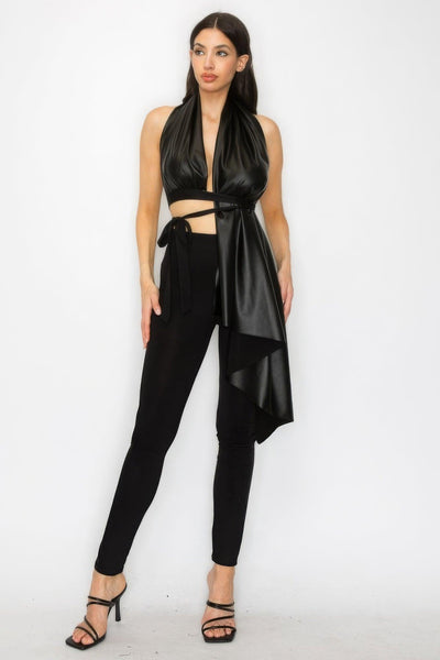 Faux Leather Top Pants Set - AMIClubwear