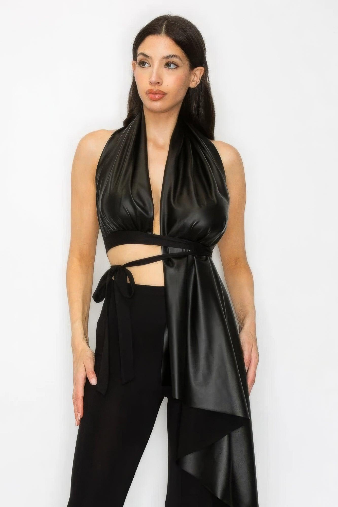 Faux Leather Top Pants Set - AMIClubwear