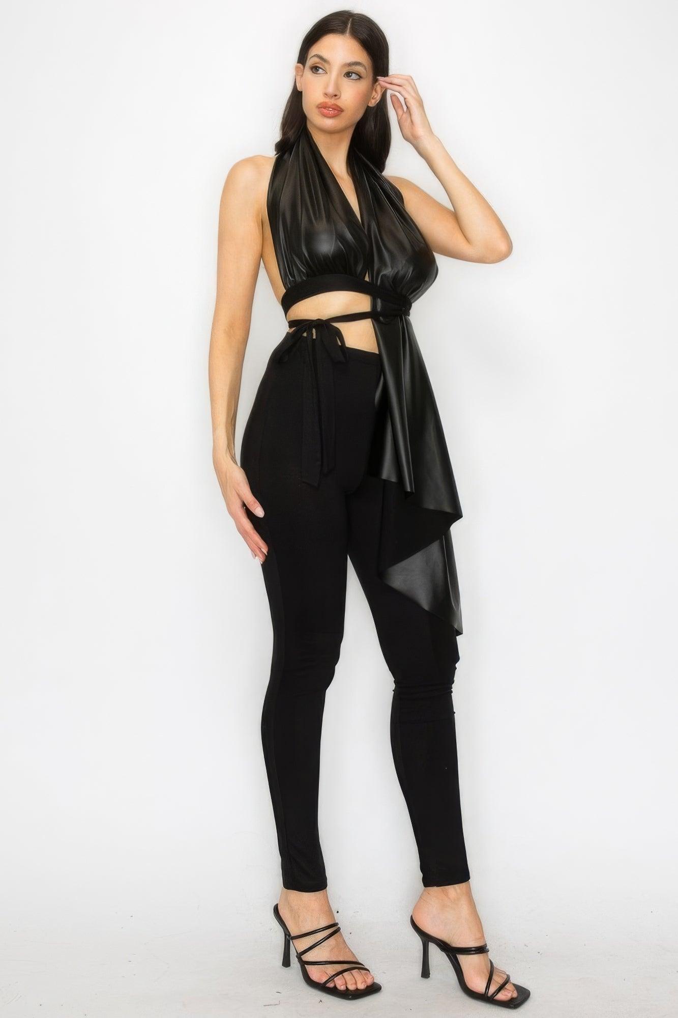 Faux Leather Top Pants Set - AMIClubwear