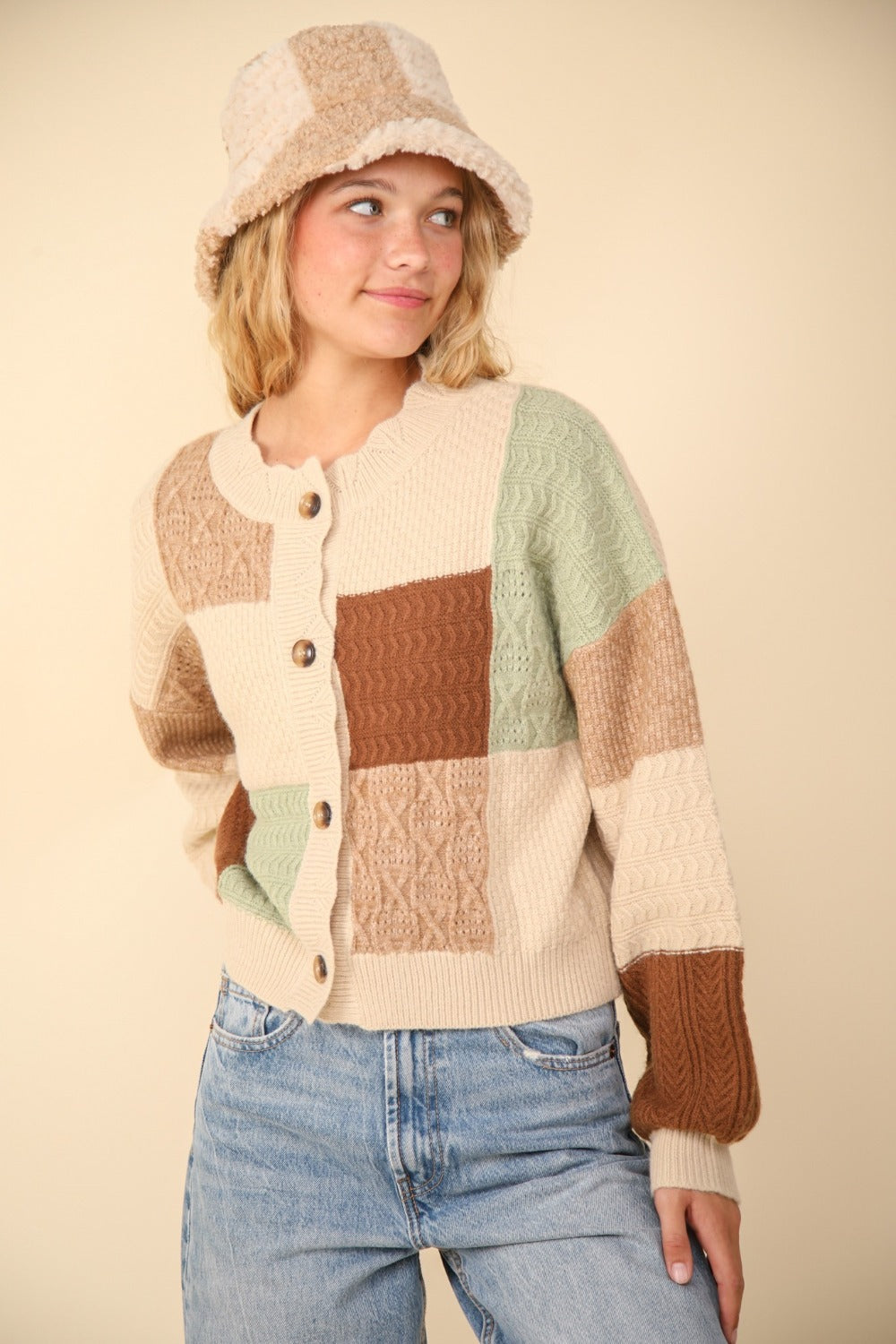 VERY J Color Block Button Down Textured Sweater Cardigan