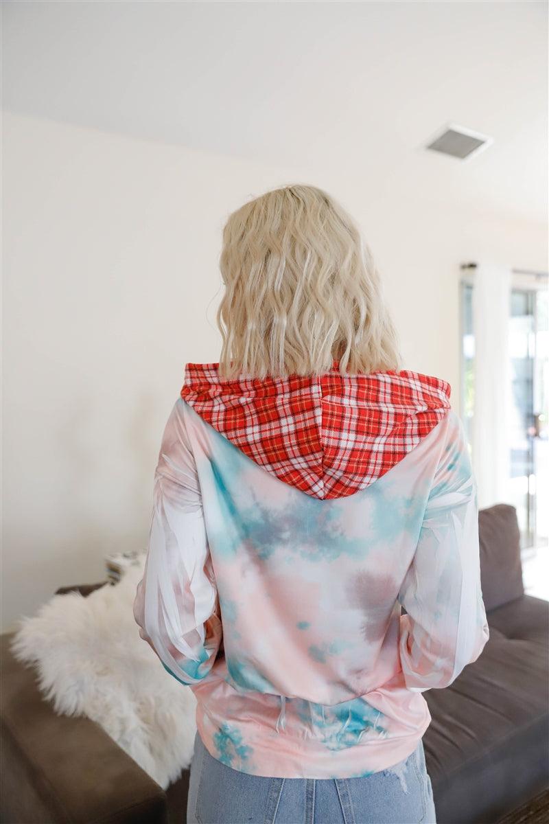 Feather & Tie-dye Print Contrast Plaid Hood Sweater - AMIClubwear