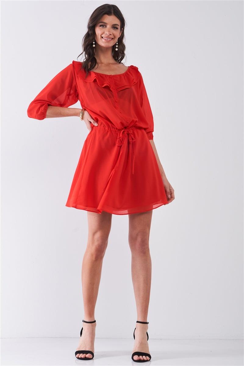 Flame Red Boat Neck Ruffle Collar Midi Sleeve Self-tie Waist Front Button Down Mini Dress - AMIClubwear