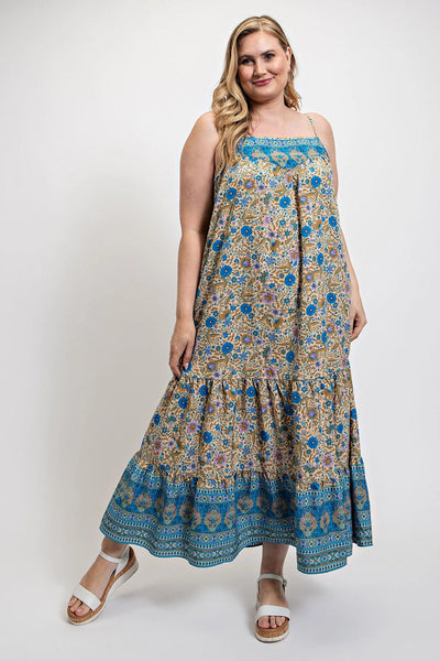 Floral And Aztec Print Drop Down Maxi Dress With Spaghetti Strap - AMIClubwear