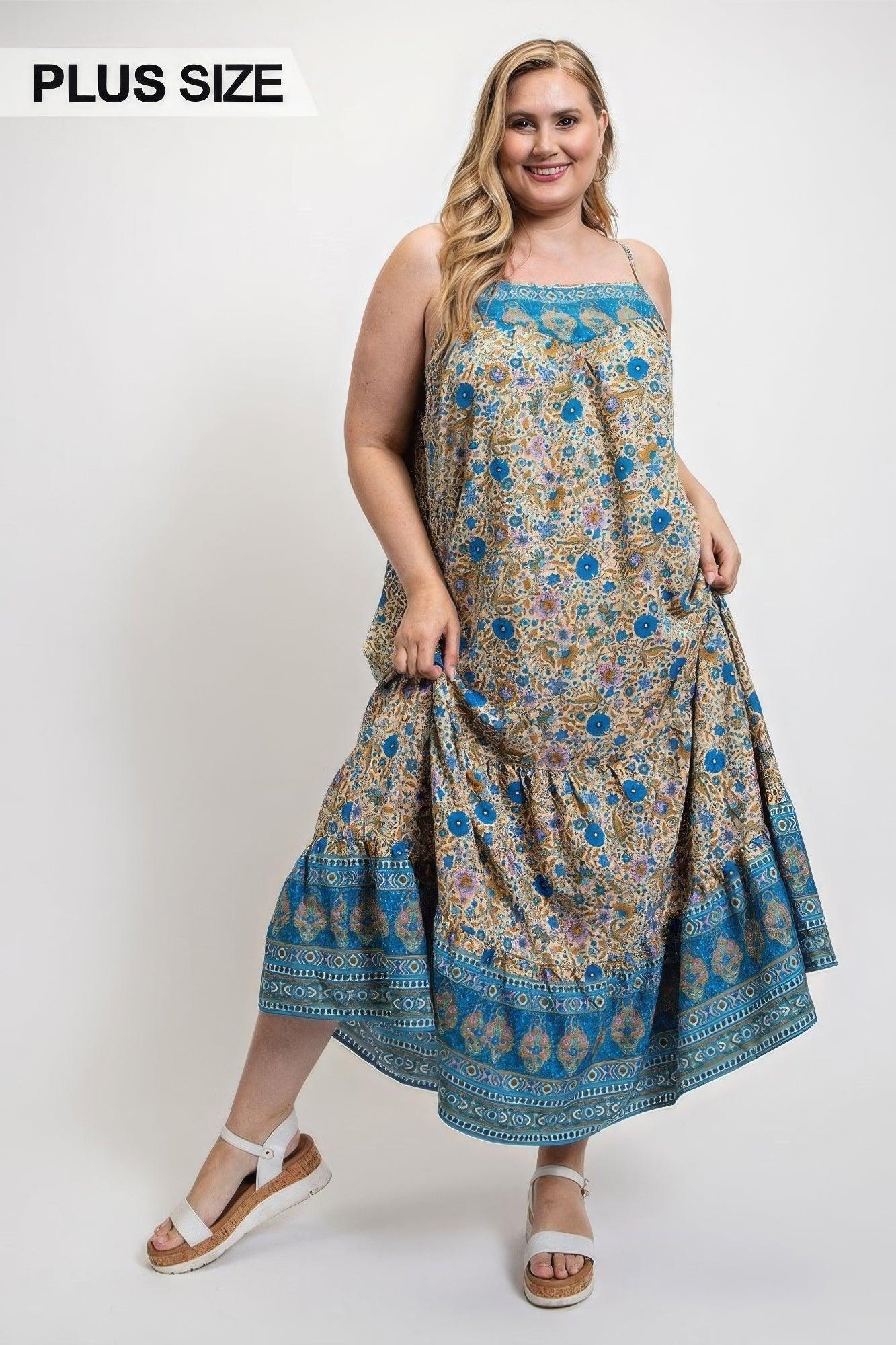 Floral And Aztec Print Drop Down Maxi Dress With Spaghetti Strap - AMIClubwear