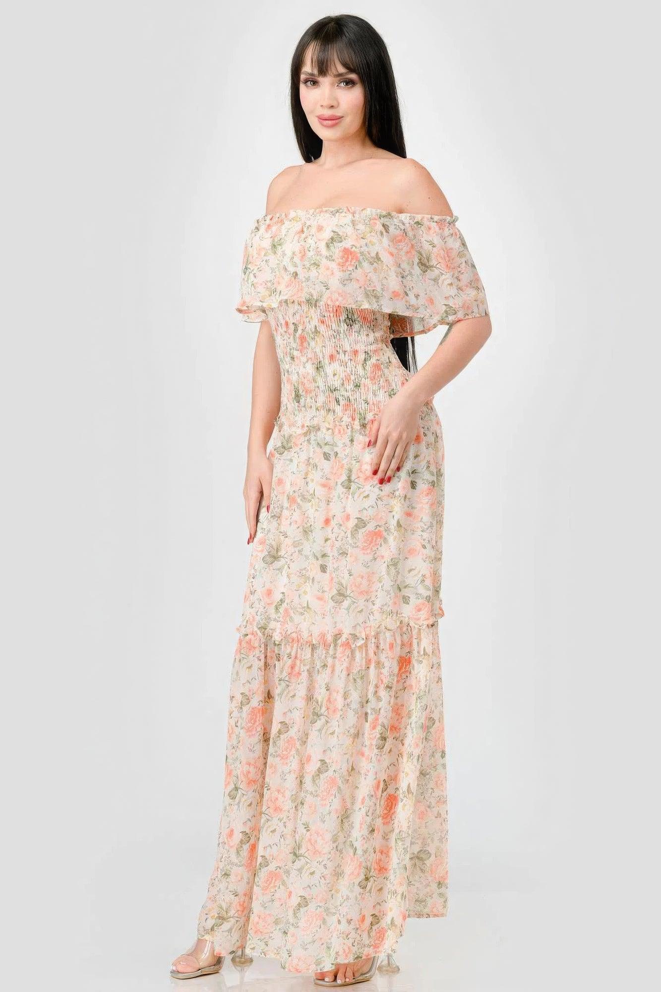 Floral Chiffon Off Shoulder Smocked Back Ruffled Tiered Maxi Dress - AMIClubwear
