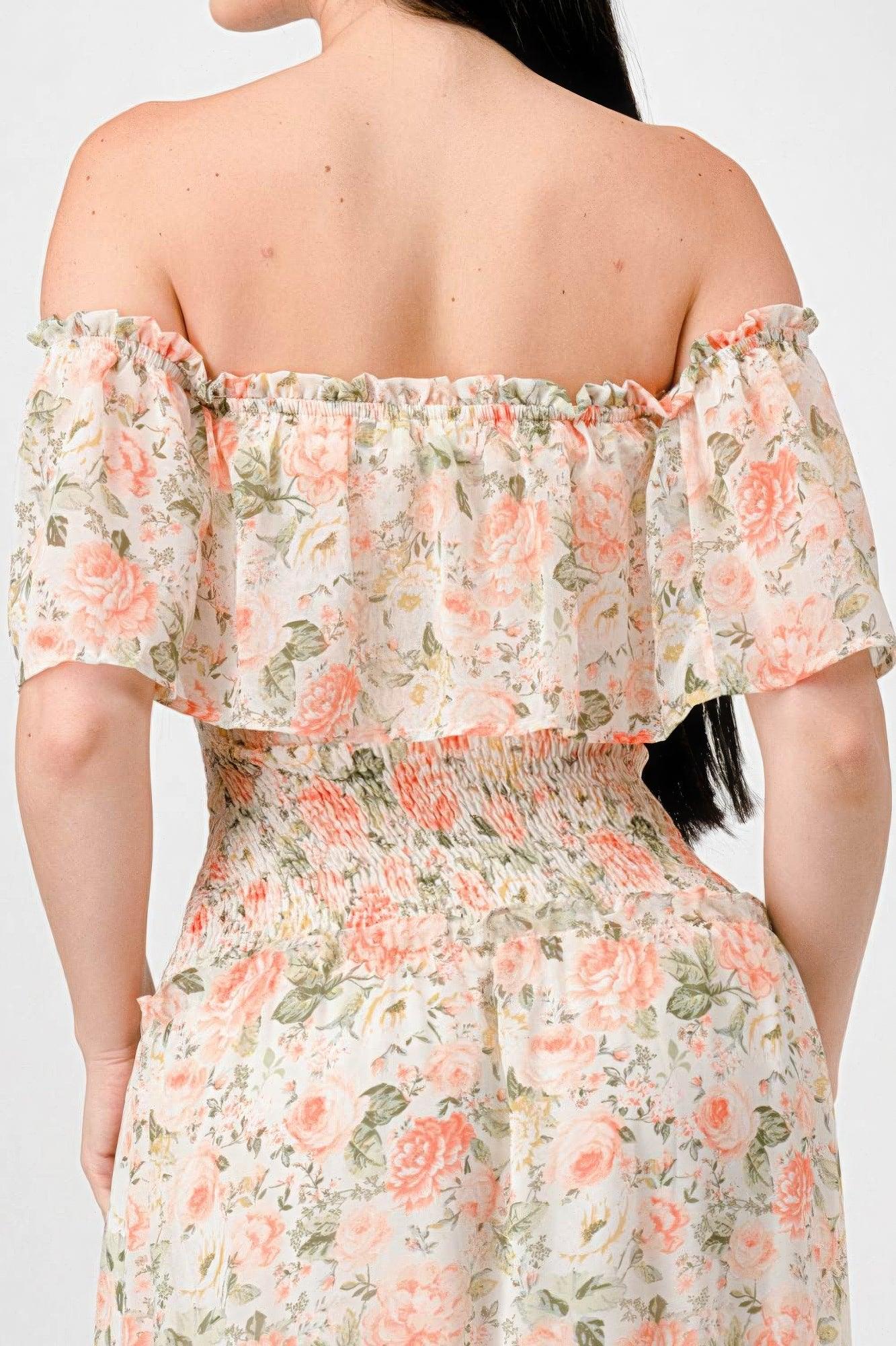 Floral Chiffon Off Shoulder Smocked Back Ruffled Tiered Maxi Dress - AMIClubwear