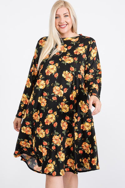 Floral Mock Neck Hidden Pocket Round Hem Midi Dress - AMIClubwear