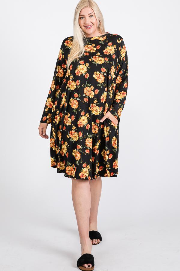 Floral Mock Neck Hidden Pocket Round Hem Midi Dress - AMIClubwear