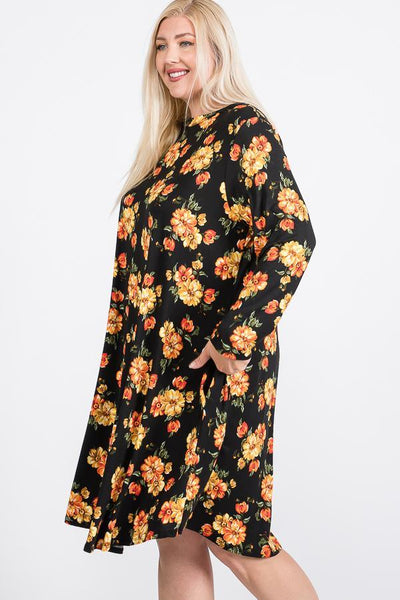 Floral Mock Neck Hidden Pocket Round Hem Midi Dress - AMIClubwear