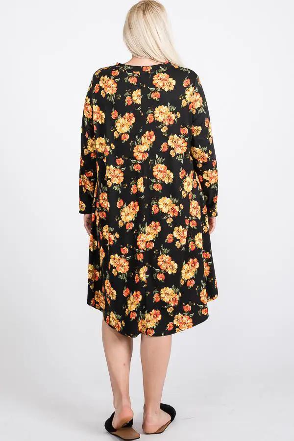 Floral Mock Neck Hidden Pocket Round Hem Midi Dress