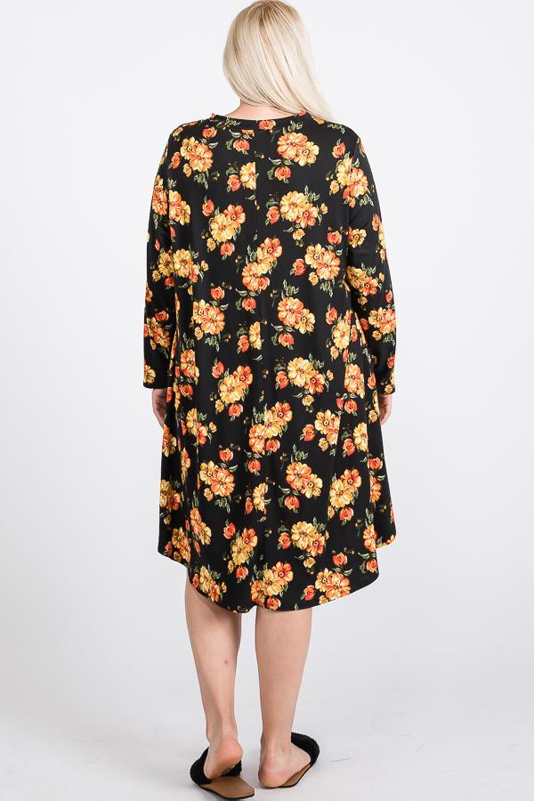 Floral Mock Neck Hidden Pocket Round Hem Midi Dress - AMIClubwear