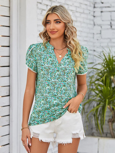 Floral Notched Neck Blouse - AMIClubwear