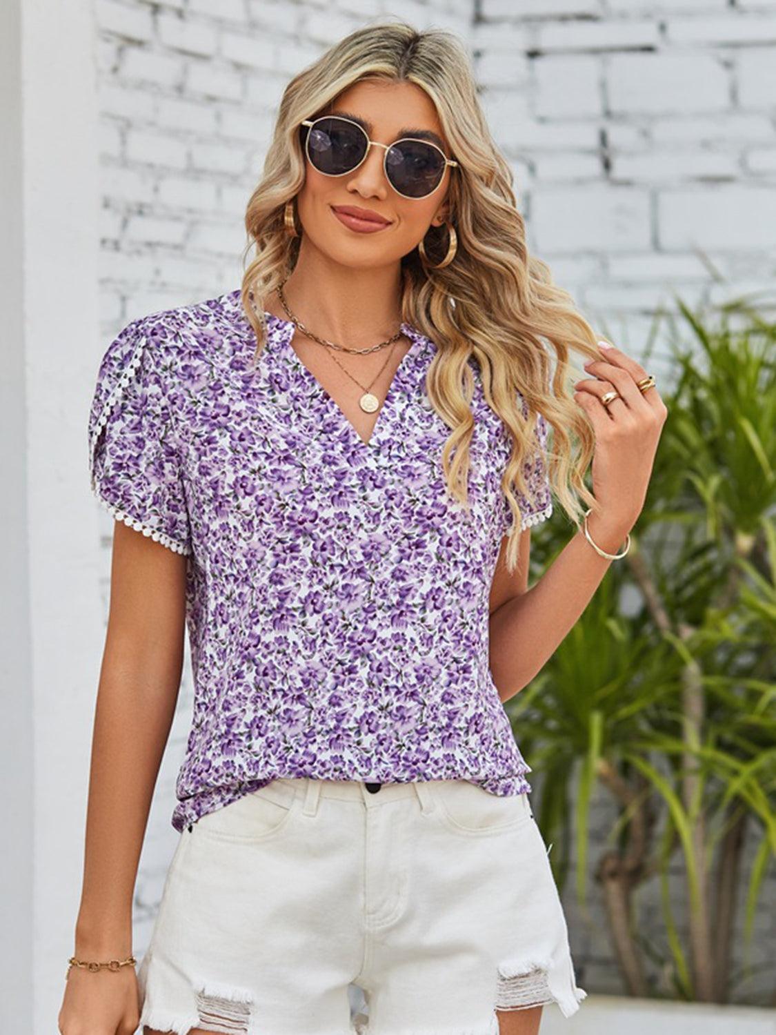Floral Notched Neck Blouse - AMIClubwear