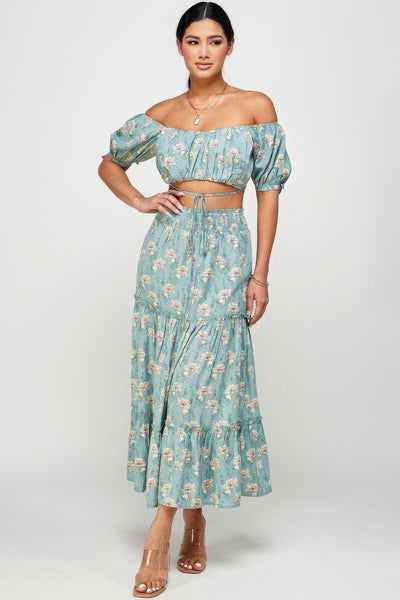 Floral Off Shoulder Sleeve Back Tie Top Skirt Set - AMIClubwear