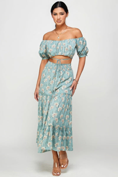 Floral Off Shoulder Sleeve Back Tie Top Skirt Set - AMIClubwear