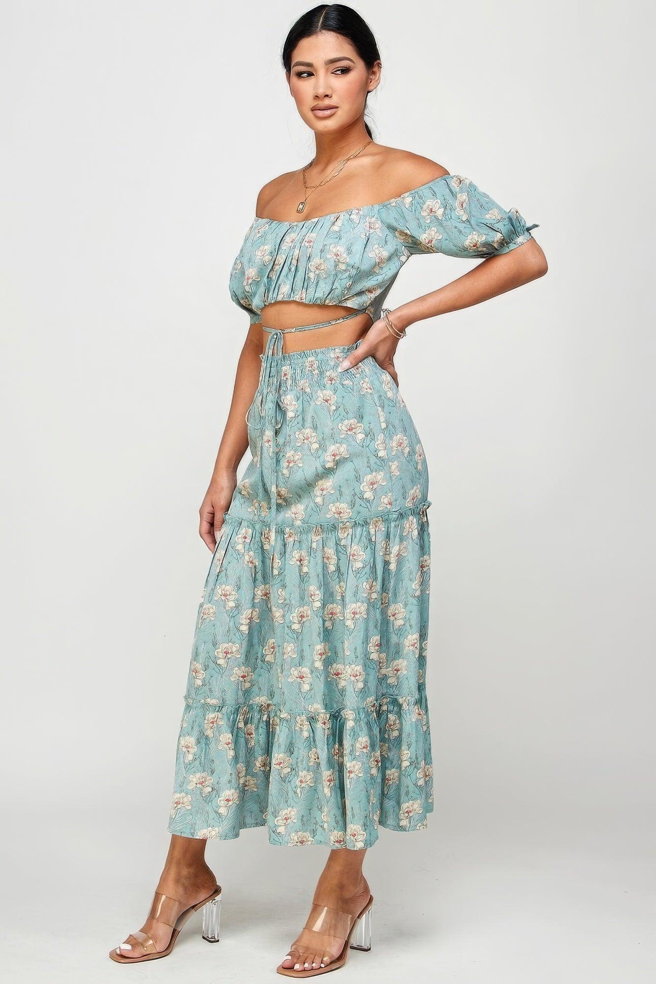 Floral Off Shoulder Sleeve Back Tie Top Skirt Set - AMIClubwear