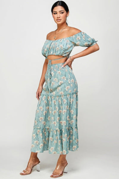 Floral Off Shoulder Sleeve Back Tie Top Skirt Set - AMIClubwear