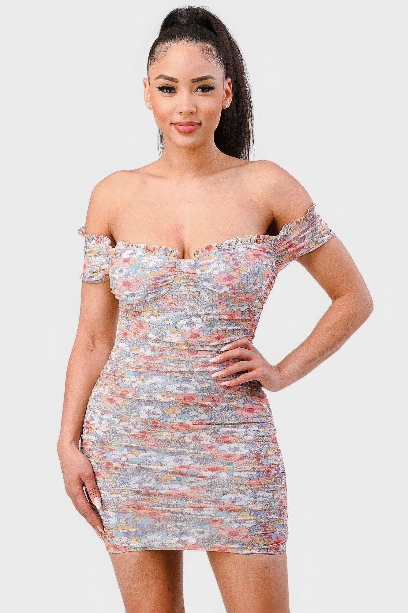 Floral Print Mesh Sweetheart Ruffled Off Shoulder Ruched Mini Dress - AMIClubwear