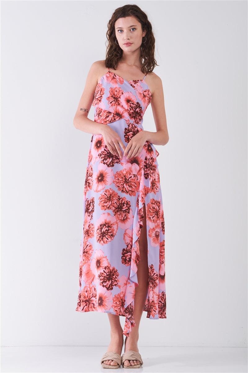 Floral Print Sleeveless Self-tie Wide Wrap Front Ruffle Hem Side Slit Detail Midi Dress - AMIClubwear