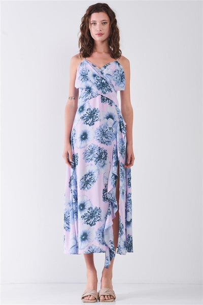 Floral Print Sleeveless Self-tie Wide Wrap Front Ruffle Hem Side Slit Detail Midi Dress - AMIClubwear