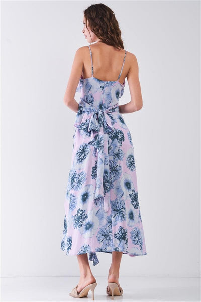 Floral Print Sleeveless Self-tie Wide Wrap Front Ruffle Hem Side Slit Detail Midi Dress - AMIClubwear