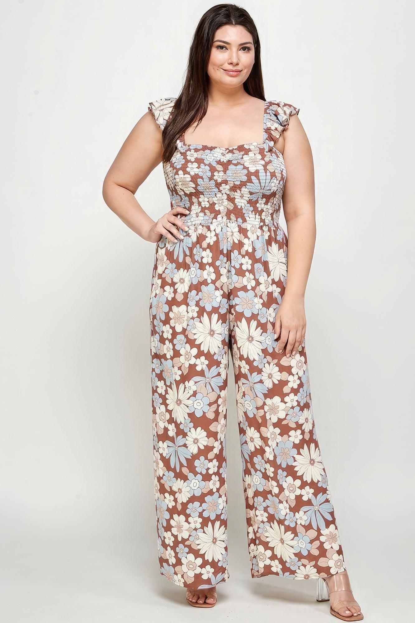 Floral Print Smocked Jumpsuit - AMIClubwear