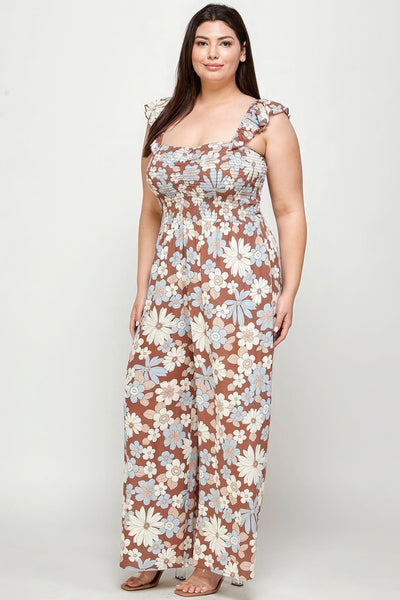 Floral Print Smocked Jumpsuit - AMIClubwear